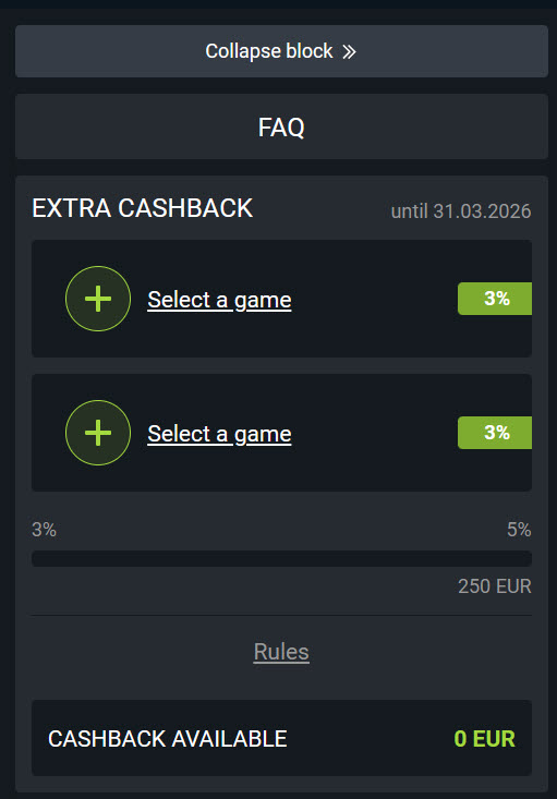 1x Games Cashback side menu options
