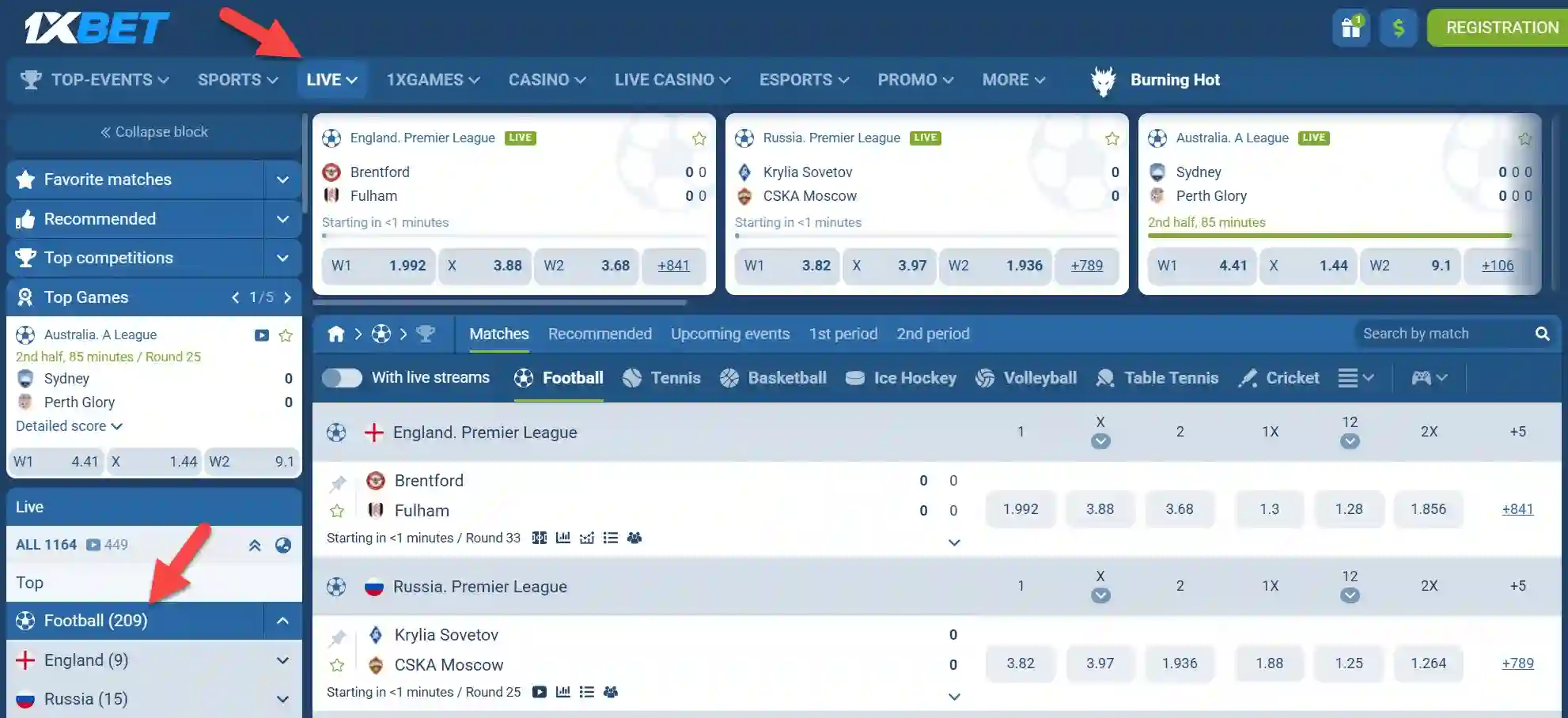 Live Football Betting on 1xBet